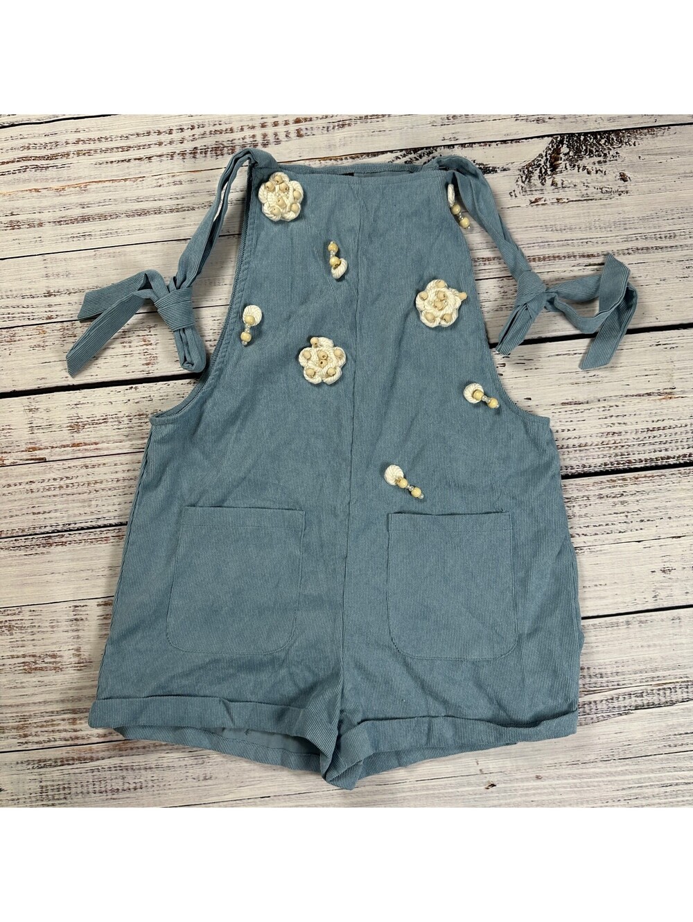 SHEIN Shortalls Romper Tie Shoulder Crochet Floral Corduroy Dusty Blue Size XS
